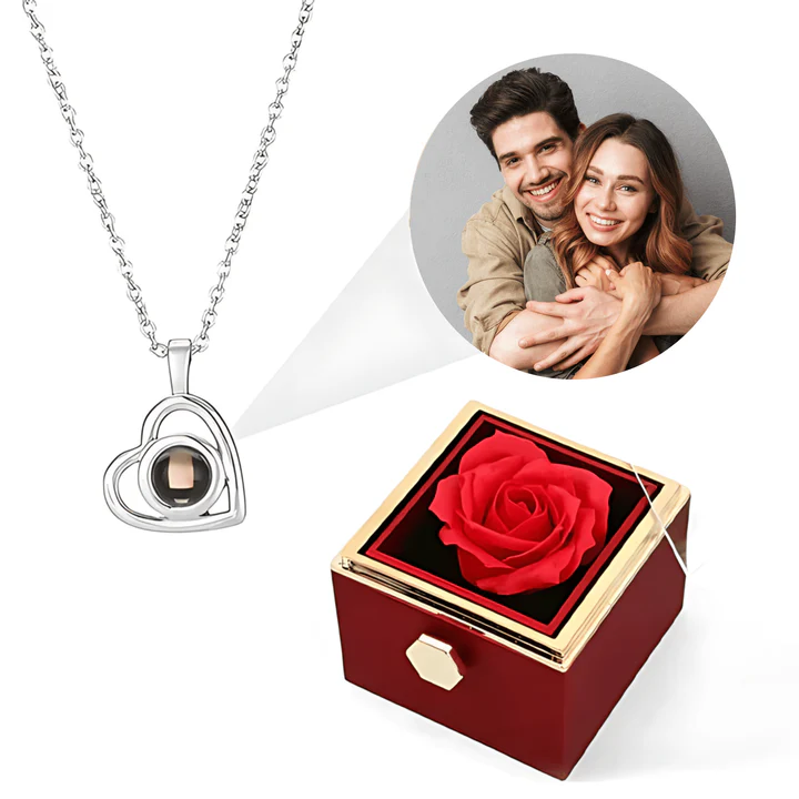 Boîte Rose Éternelle - Avec Collier à Projection Cœur et Véritable Rose