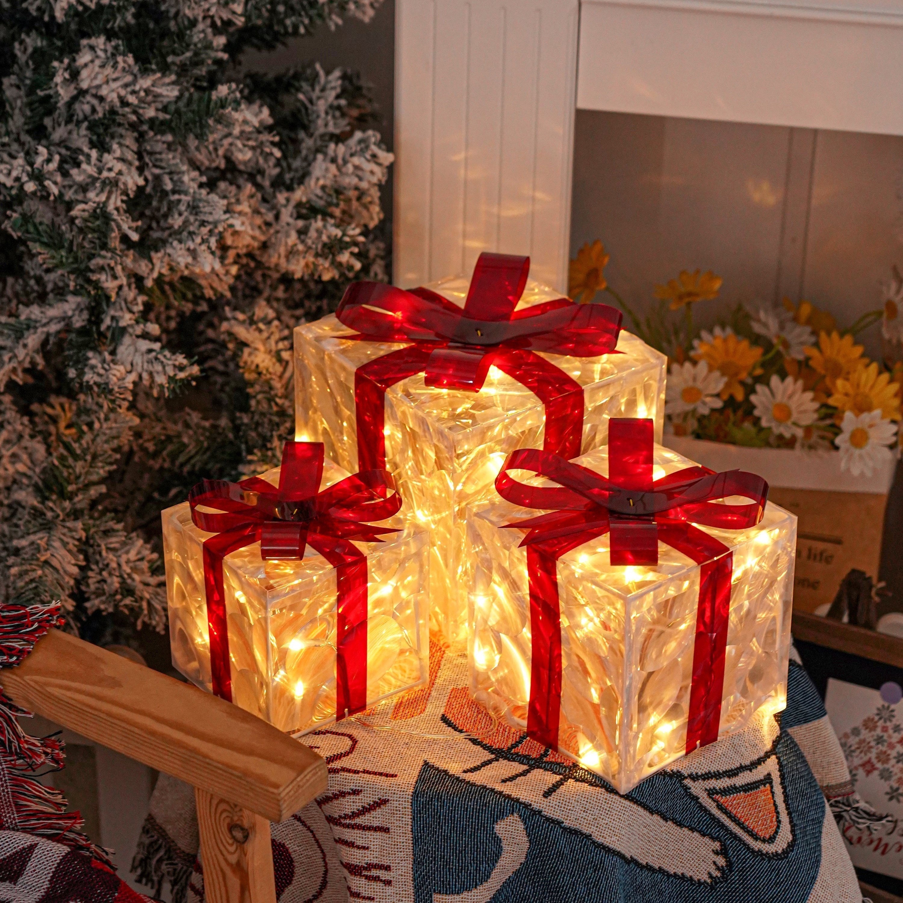 Cadeaux lumineux - set de 3 boîtes illuminées - décoration de Noël pour l'intérieur et l'extérieur